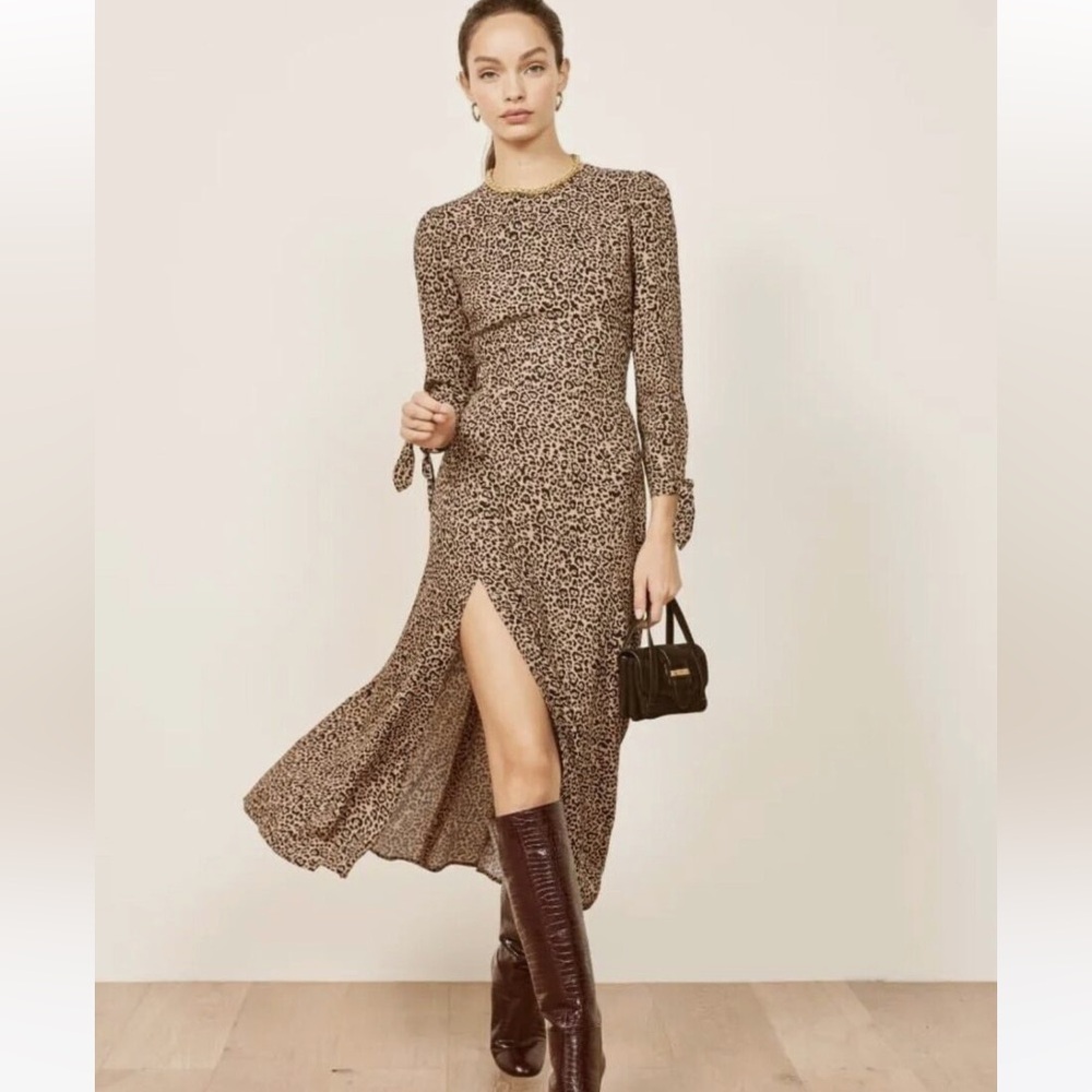 Reformation Leopard Print Midi Dress Long Sleeve  Front Slit Woman’s Size 2